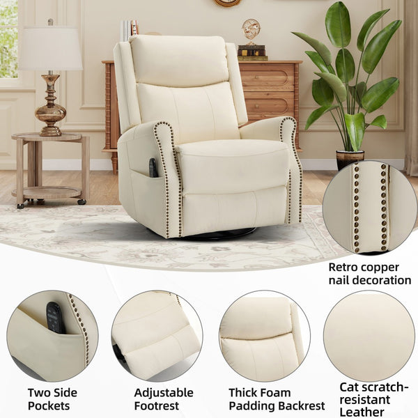 English Elm Beige Leather Massage Rocker Recliner with Lumbar Heat and Nail Trim Accent W1803S00103