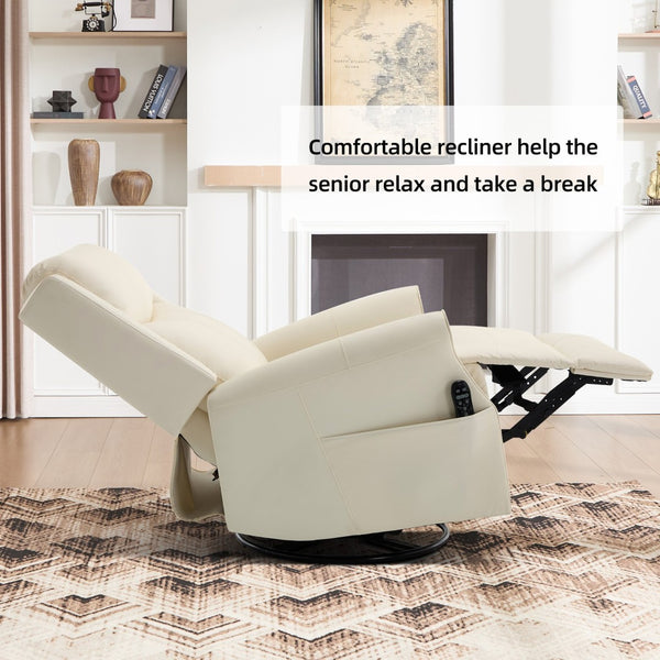 English Elm Beige Leather Massage Rocker Recliner with Lumbar Heat and Nail Trim Accent W1803S00103