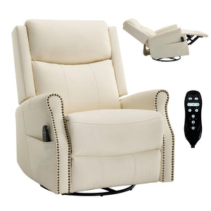 English Elm Beige Leather Massage Rocker Recliner with Lumbar Heat and Nail Trim Accent W1803S00103