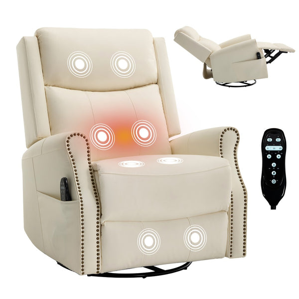 English Elm Beige Leather Massage Rocker Recliner with Lumbar Heat and Nail Trim Accent W1803S00103