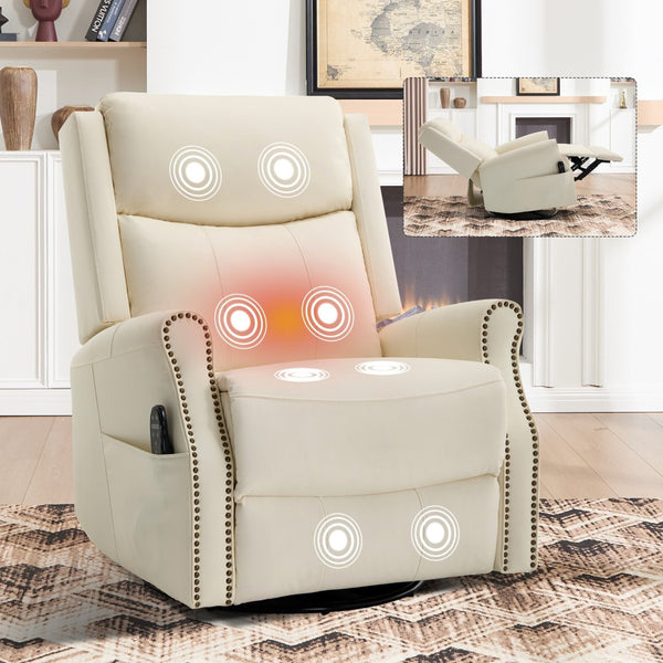 English Elm Beige Leather Massage Rocker Recliner with Lumbar Heat and Nail Trim Accent W1803S00103