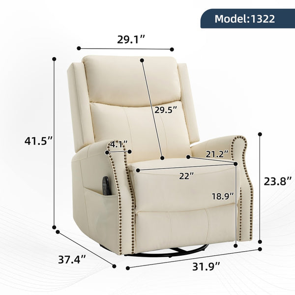 English Elm Beige Leather Massage Rocker Recliner with Lumbar Heat and Nail Trim Accent W1803S00103