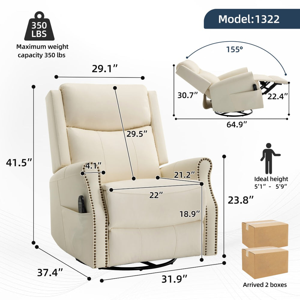 English Elm Beige Leather Massage Rocker Recliner with Lumbar Heat and Nail Trim Accent W1803S00103