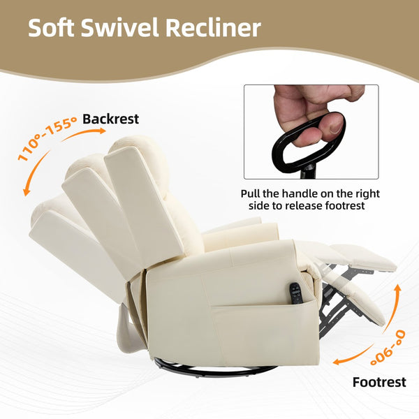 English Elm Beige Leather Massage Rocker Recliner with Lumbar Heat and Nail Trim Accent W1803S00103