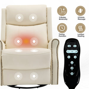 English Elm Beige Leather Massage Rocker Recliner with Lumbar Heat and Nail Trim Accent W1803S00103