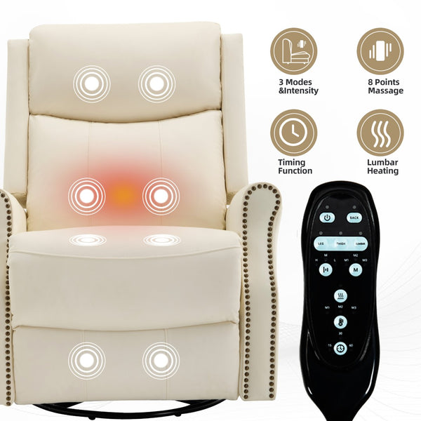 English Elm Beige Leather Massage Rocker Recliner with Lumbar Heat and Nail Trim Accent W1803S00103