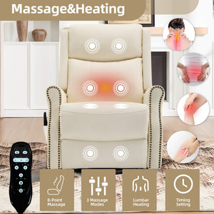 English Elm Beige Leather Massage Rocker Recliner with Lumbar Heat and Nail Trim Accent W1803S00103