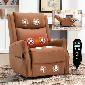 English Elm Orange Microfiber Rocker Recliner with Massage Heat Swivel and Copper Nail Trim W1803S00104