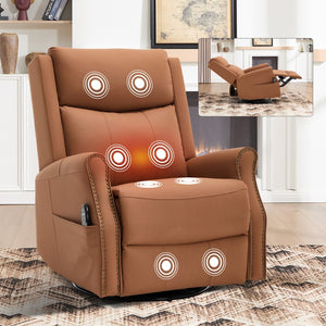 English Elm Orange Microfiber Rocker Recliner with Massage Heat Swivel and Copper Nail Trim W1803S00104