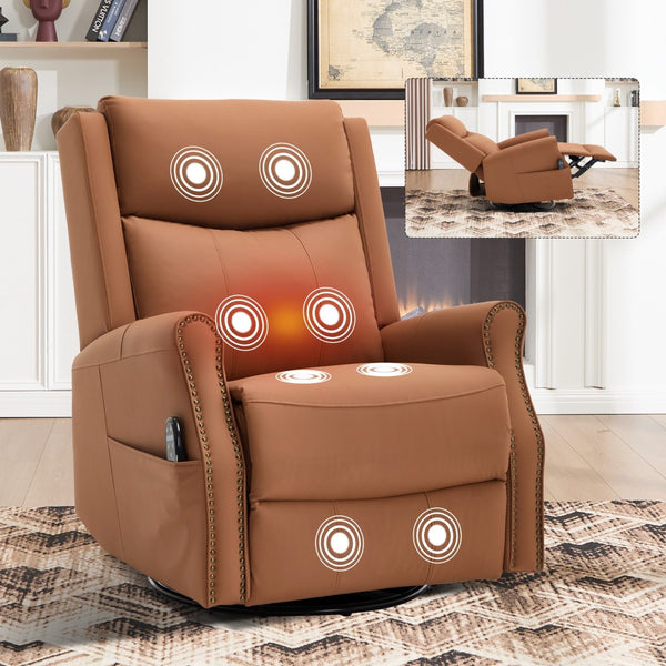 English Elm Orange Microfiber Rocker Recliner with Massage Heat Swivel and Copper Nail Trim W1803S00104