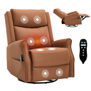 English Elm Orange Microfiber Rocker Recliner with Massage Heat Swivel and Copper Nail Trim W1803S00104