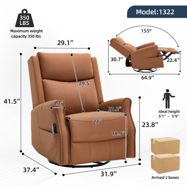 English Elm Orange Microfiber Rocker Recliner with Massage Heat Swivel and Copper Nail Trim W1803S00104