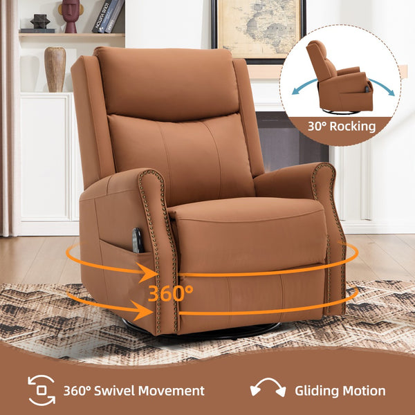 English Elm Orange Microfiber Rocker Recliner with Massage Heat Swivel and Copper Nail Trim W1803S00104