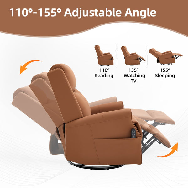 English Elm Orange Microfiber Rocker Recliner with Massage Heat Swivel and Copper Nail Trim W1803S00104