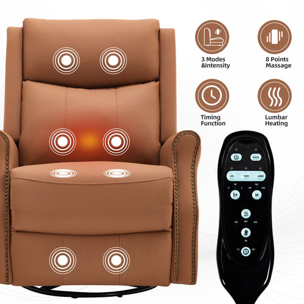 English Elm Orange Microfiber Rocker Recliner with Massage Heat Swivel and Copper Nail Trim W1803S00104