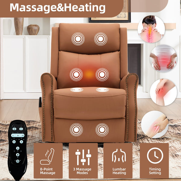 English Elm Orange Microfiber Rocker Recliner with Massage Heat Swivel and Copper Nail Trim W1803S00104