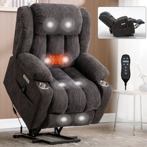 English Elm Up to 350 Lbs Chenille Power Lift Recliner with Massage Heat and Charging Ports Grey W1803S00105