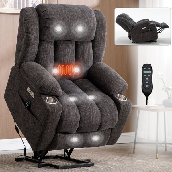 English Elm Up to 350 Lbs Chenille Power Lift Recliner with Massage Heat and Charging Ports Grey W1803S00105