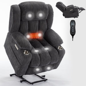 English Elm Up to 350 Lbs Chenille Power Lift Recliner with Massage Heat and Charging Ports Grey W1803S00105