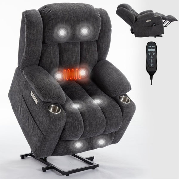 English Elm Up to 350 Lbs Chenille Power Lift Recliner with Massage Heat and Charging Ports Grey W1803S00105