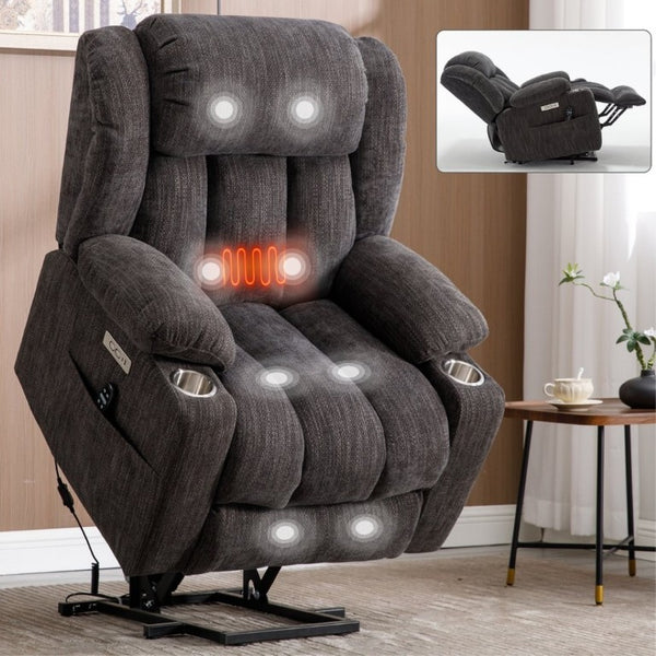 English Elm Up to 350 Lbs Chenille Power Lift Recliner with Massage Heat and Charging Ports Grey W1803S00105