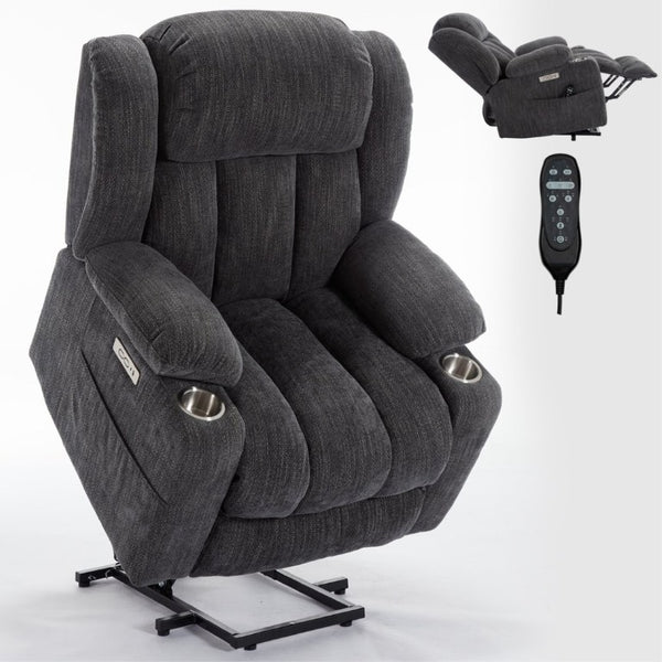 English Elm Up to 350 Lbs Chenille Power Lift Recliner with Massage Heat and Charging Ports Grey W1803S00105