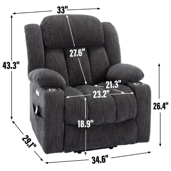 English Elm Up to 350 Lbs Chenille Power Lift Recliner with Massage Heat and Charging Ports Grey W1803S00105