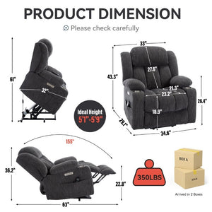 English Elm Up to 350 Lbs Chenille Power Lift Recliner with Massage Heat and Charging Ports Grey W1803S00105