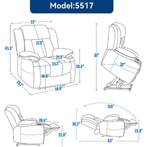 English Elm Up to 350 Lbs Chenille Power Lift Recliner with Massage Heat and Charging Ports Grey W1803S00105