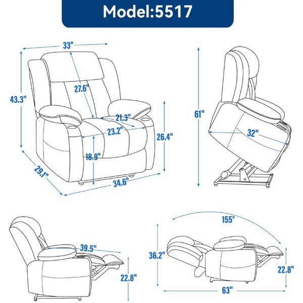 English Elm Up to 350 Lbs Chenille Power Lift Recliner with Massage Heat and Charging Ports Grey W1803S00105