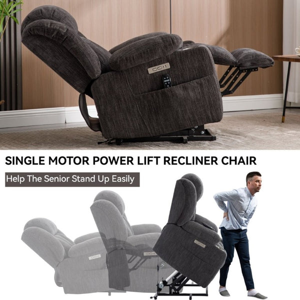 English Elm Up to 350 Lbs Chenille Power Lift Recliner with Massage Heat and Charging Ports Grey W1803S00105
