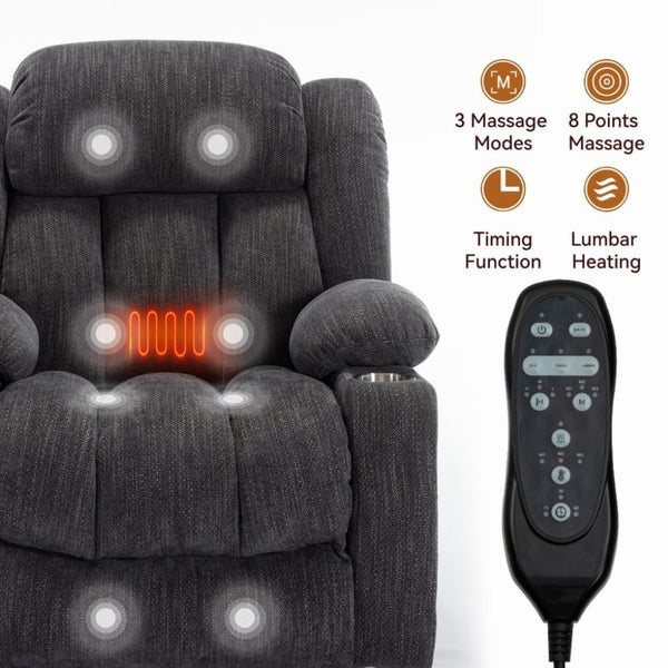 English Elm Up to 350 Lbs Chenille Power Lift Recliner with Massage Heat and Charging Ports Grey W1803S00105