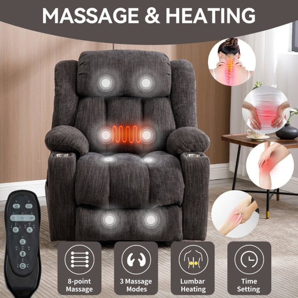 English Elm Up to 350 Lbs Chenille Power Lift Recliner with Massage Heat and Charging Ports Grey W1803S00105