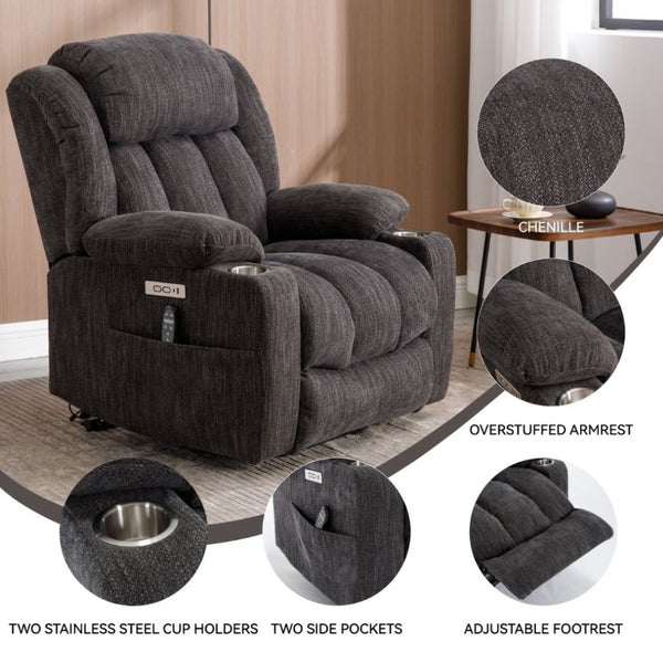 English Elm Up to 350 Lbs Chenille Power Lift Recliner with Massage Heat and Charging Ports Grey W1803S00105