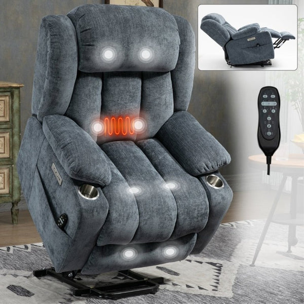 English Elm Up to 350 Lbs Chenille Power Lift Recliner with Massage Heat and Charging Ports Blue - A W1803S00106