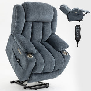 English Elm Up to 350 Lbs Chenille Power Lift Recliner with Massage Heat and Charging Ports Blue - A W1803S00106