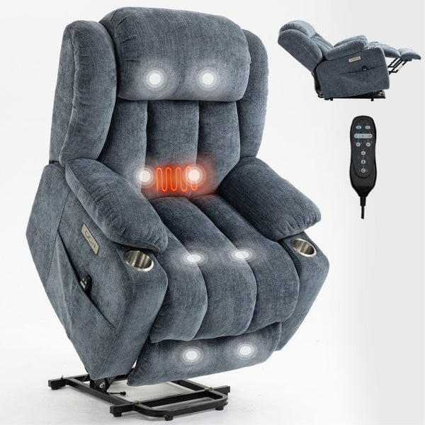 English Elm Up to 350 Lbs Chenille Power Lift Recliner with Massage Heat and Charging Ports Blue - A W1803S00106