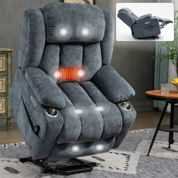 English Elm Up to 350 Lbs Chenille Power Lift Recliner with Massage Heat and Charging Ports Blue - A W1803S00106
