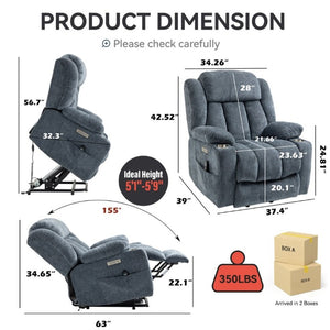 English Elm Up to 350 Lbs Chenille Power Lift Recliner with Massage Heat and Charging Ports Blue - A W1803S00106
