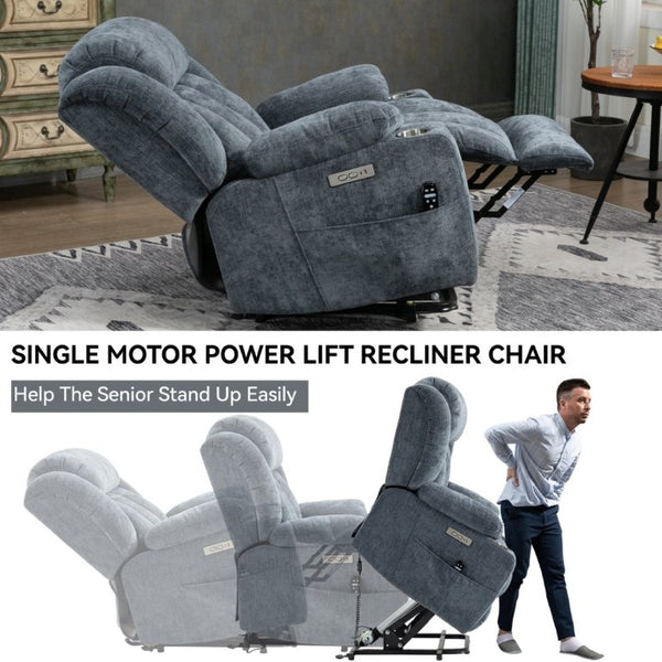 English Elm Up to 350 Lbs Chenille Power Lift Recliner with Massage Heat and Charging Ports Blue - A W1803S00106