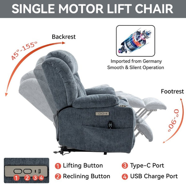 English Elm Up to 350 Lbs Chenille Power Lift Recliner with Massage Heat and Charging Ports Blue - A W1803S00106