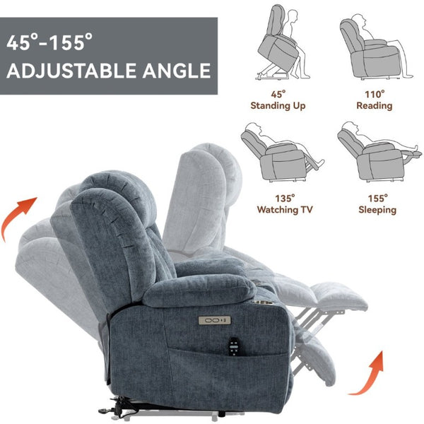 English Elm Up to 350 Lbs Chenille Power Lift Recliner with Massage Heat and Charging Ports Blue - A W1803S00106