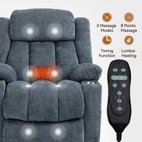English Elm Up to 350 Lbs Chenille Power Lift Recliner with Massage Heat and Charging Ports Blue - A W1803S00106