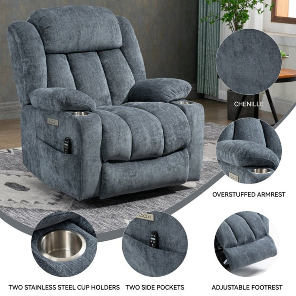 English Elm Up to 350 Lbs Chenille Power Lift Recliner with Massage Heat and Charging Ports Blue - A W1803S00106