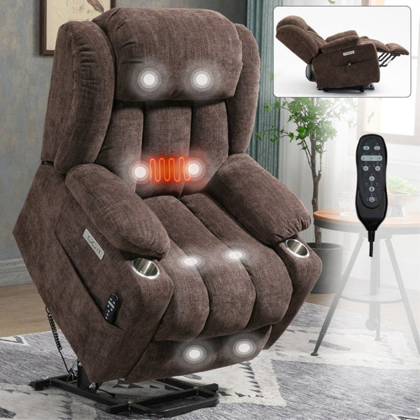 English Elm Up to 350 Lbs Chenille Power Lift Recliner with Massage Heat and Charging Ports Brown W1803S00107