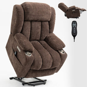 English Elm Up to 350 Lbs Chenille Power Lift Recliner with Massage Heat and Charging Ports Brown W1803S00107