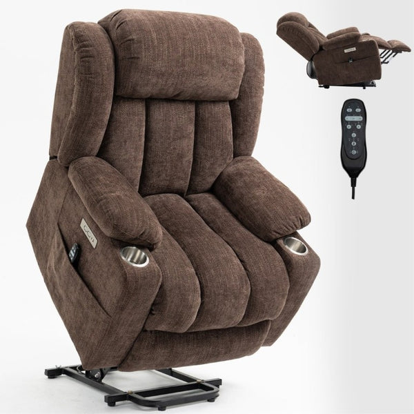 English Elm Up to 350 Lbs Chenille Power Lift Recliner with Massage Heat and Charging Ports Brown W1803S00107