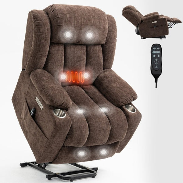 English Elm Up to 350 Lbs Chenille Power Lift Recliner with Massage Heat and Charging Ports Brown W1803S00107