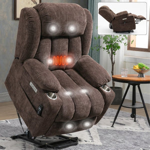English Elm Up to 350 Lbs Chenille Power Lift Recliner with Massage Heat and Charging Ports Brown W1803S00107