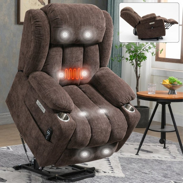 English Elm Up to 350 Lbs Chenille Power Lift Recliner with Massage Heat and Charging Ports Brown W1803S00107